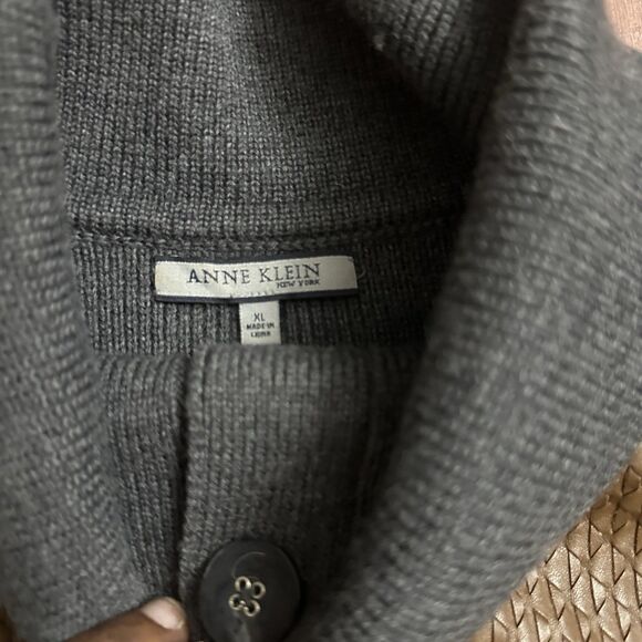 AK ANNE KLEIN Gray Brown Cardigan Jacket LEATHER SILK WOOL XL - Picture 2 of 5